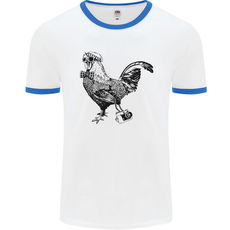 Rooster Camera Photography Photographer Mens White Ringer T-Shirt White/Royal Blue