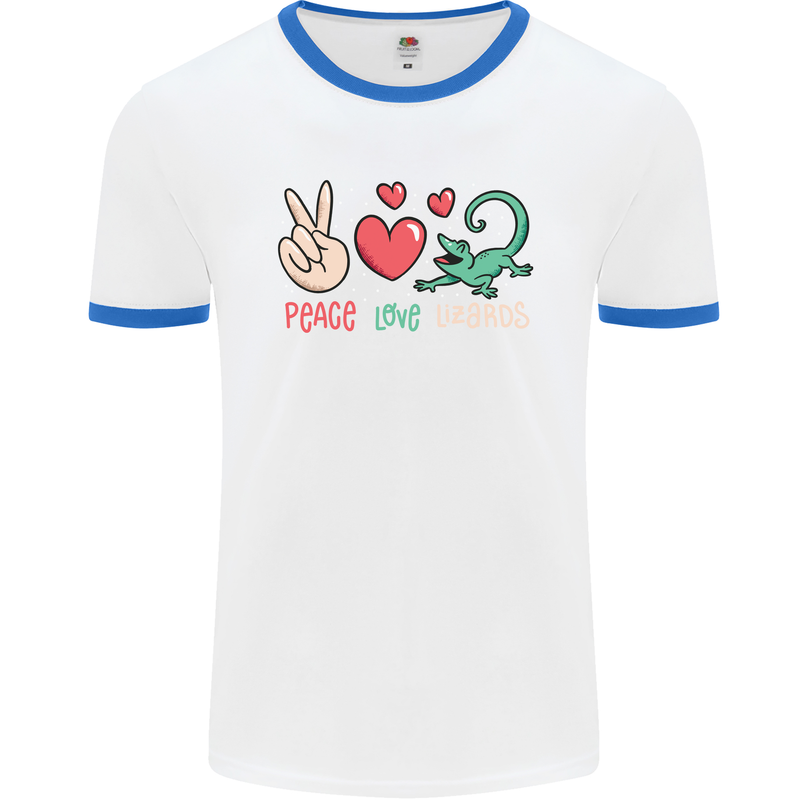 Peace Love Lizards Funny Gekko Iguana Mens White Ringer T-Shirt White/Royal Blue