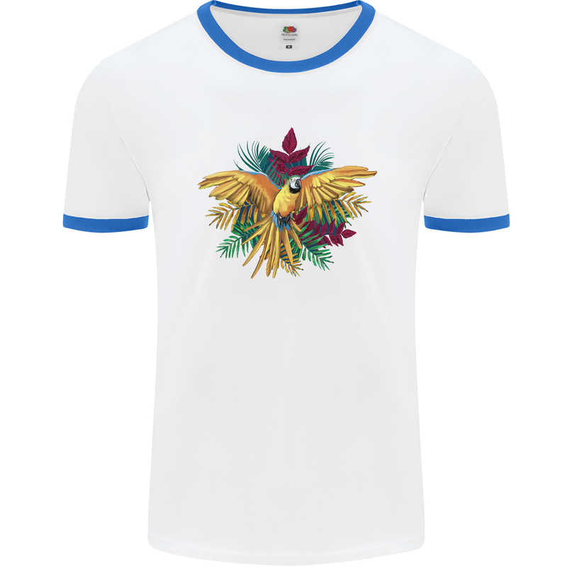 Maacaw Parrot In the Jungle Mens White Ringer T-Shirt White/Royal Blue