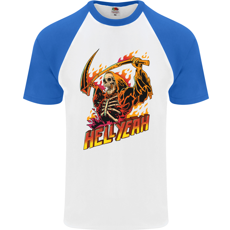 Hell Yeah Grim Reaper Skull Heavy Metal Mens S/S Baseball T-Shirt White/Royal Blue