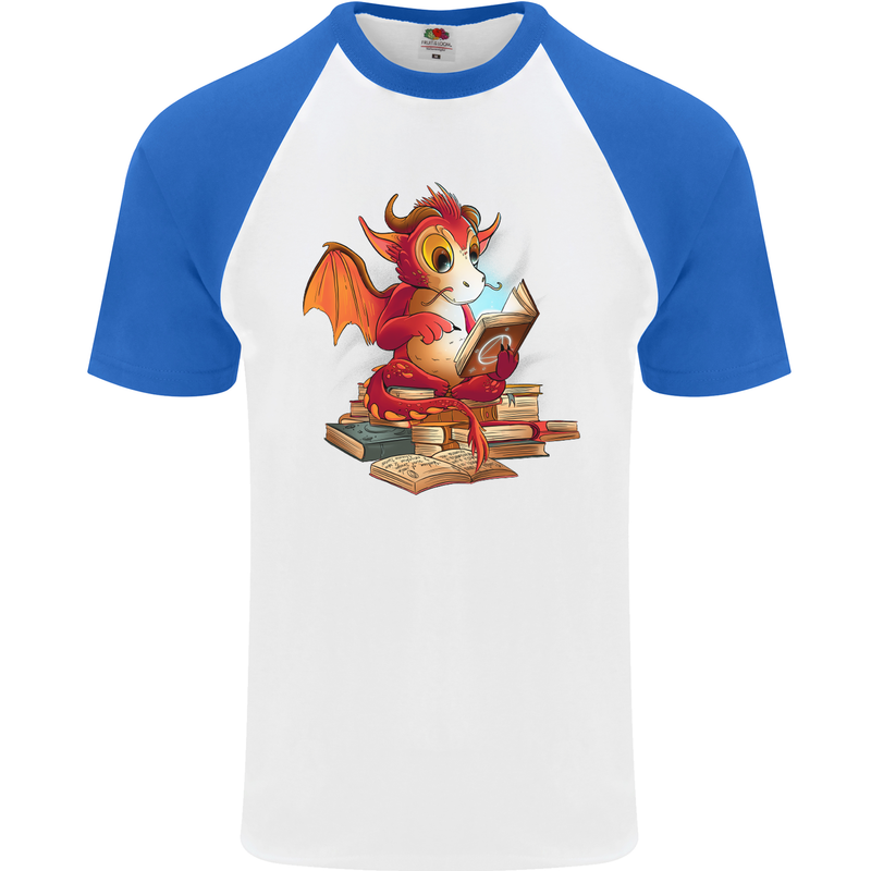 A Book Reading Dragon Bookworm Fantasy Mens S/S Baseball T-Shirt White/Royal Blue