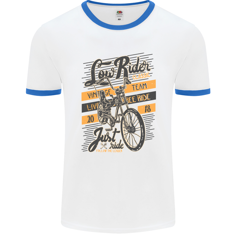 Low Rider Classic Chopper Biker Motorcycle Mens White Ringer T-Shirt White/Royal Blue