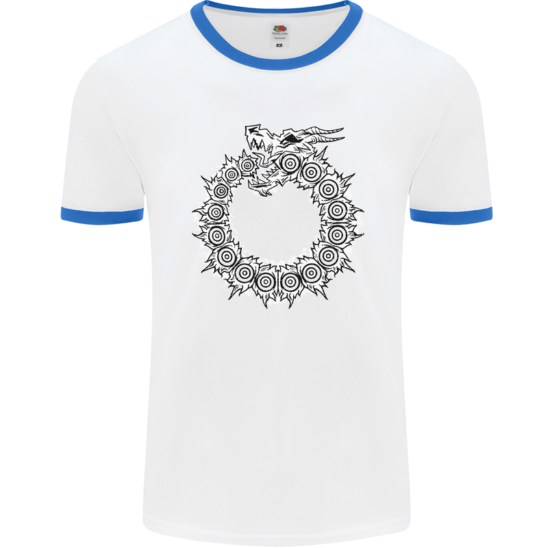 Dragon Symbol Fantasy Chinese Japanese Mens White Ringer T-Shirt White/Royal Blue