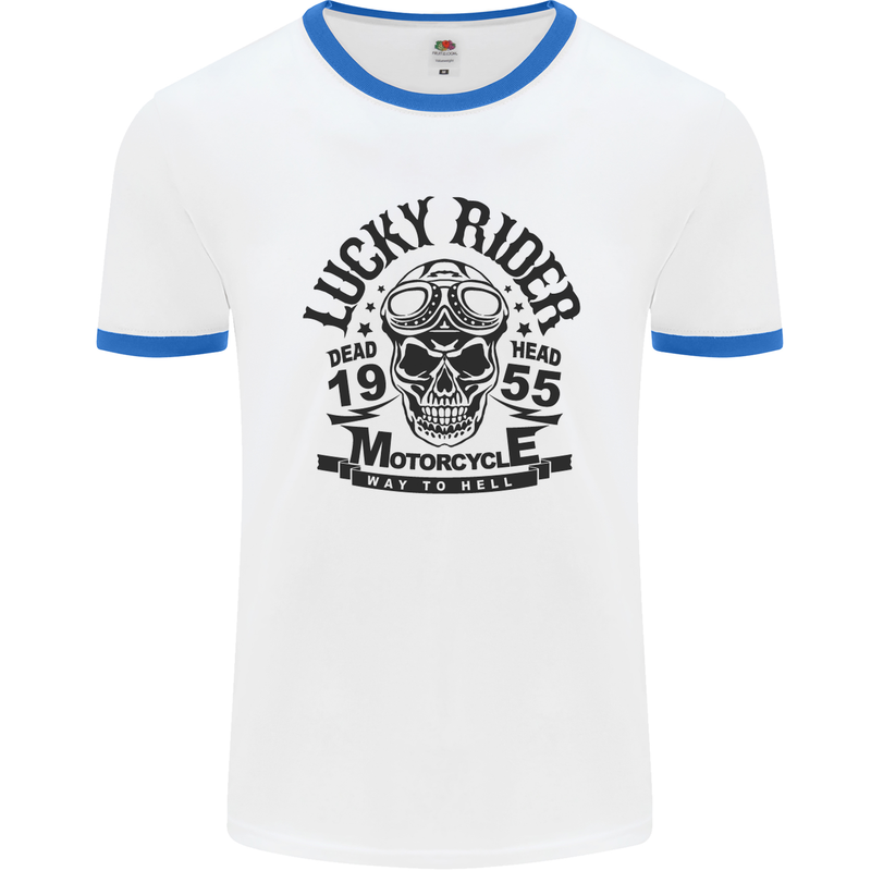 Lucky Rider Dead Head Motorbike Biker Mens White Ringer T-Shirt White/Royal Blue