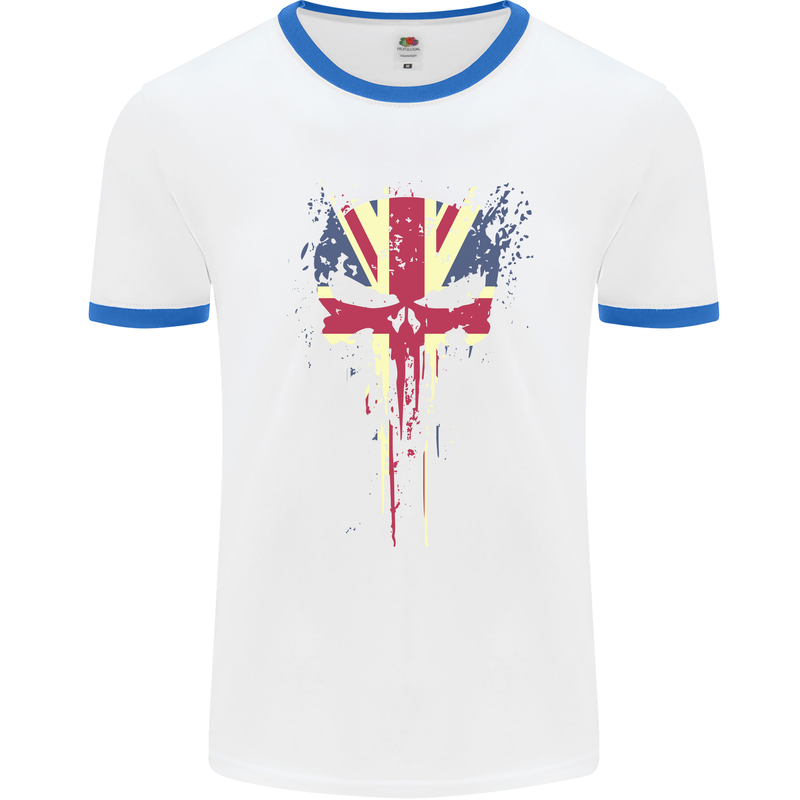 Union Jack Skull Gym St. George's Day Mens White Ringer T-Shirt White/Royal Blue