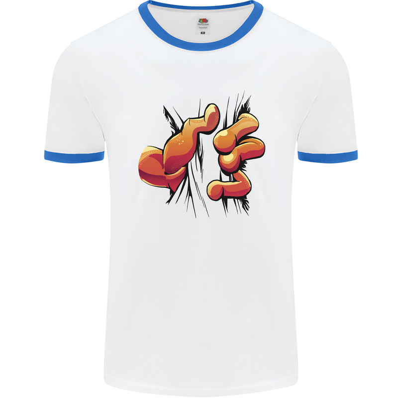 Frog Hand Scrunching Material Mens Ringer T-Shirt White/Royal Blue