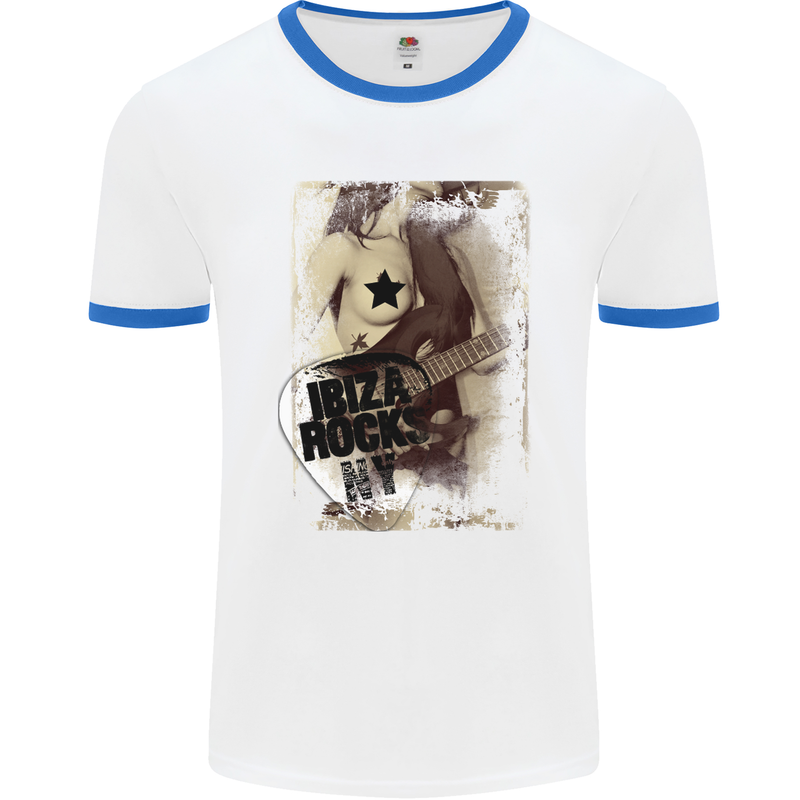 Ibiza Rocks Dance Music Mens White Ringer T-Shirt White/Royal Blue