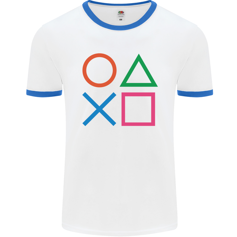 Arcade Game Console Buttons Gaming Gamer Mens White Ringer T-Shirt White/Royal Blue