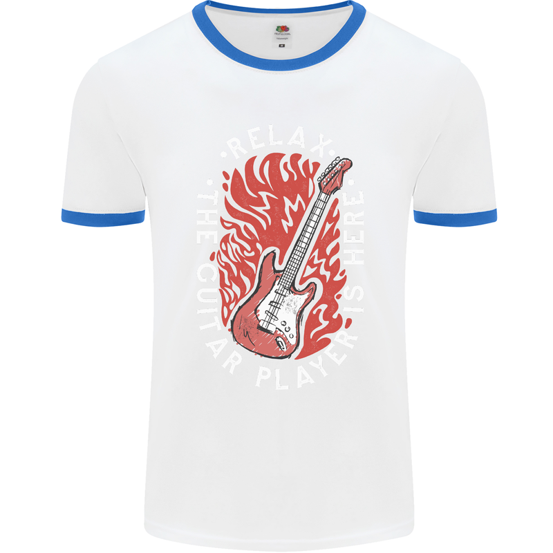 Here Comes the Guitar Player Guitarist Mens White Ringer T-Shirt White/Royal Blue