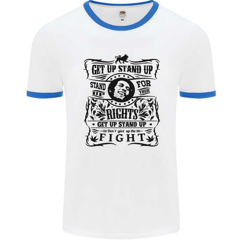 Get up Stand up Reggae Music Mens White Ringer T-Shirt White/Royal Blue