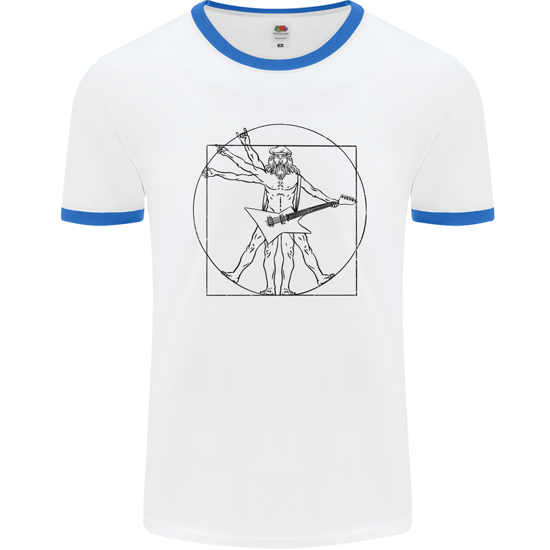 Old Rocker Vitruvian Guitarist Funny Guitar Mens White Ringer T-Shirt White/Royal Blue