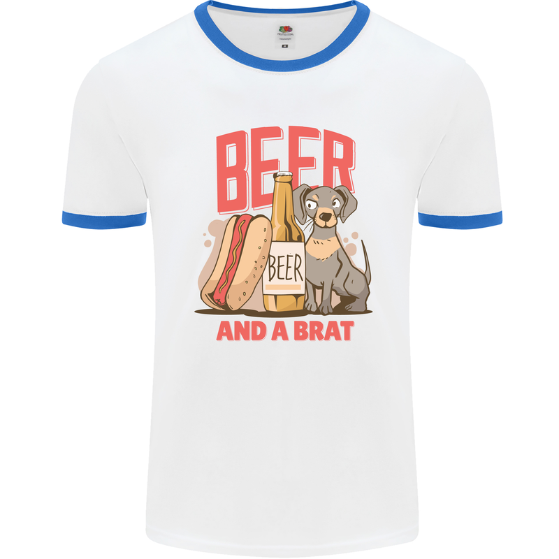 Beer and a Brat Funny Dog Alcohol Hotdog Mens White Ringer T-Shirt White/Royal Blue