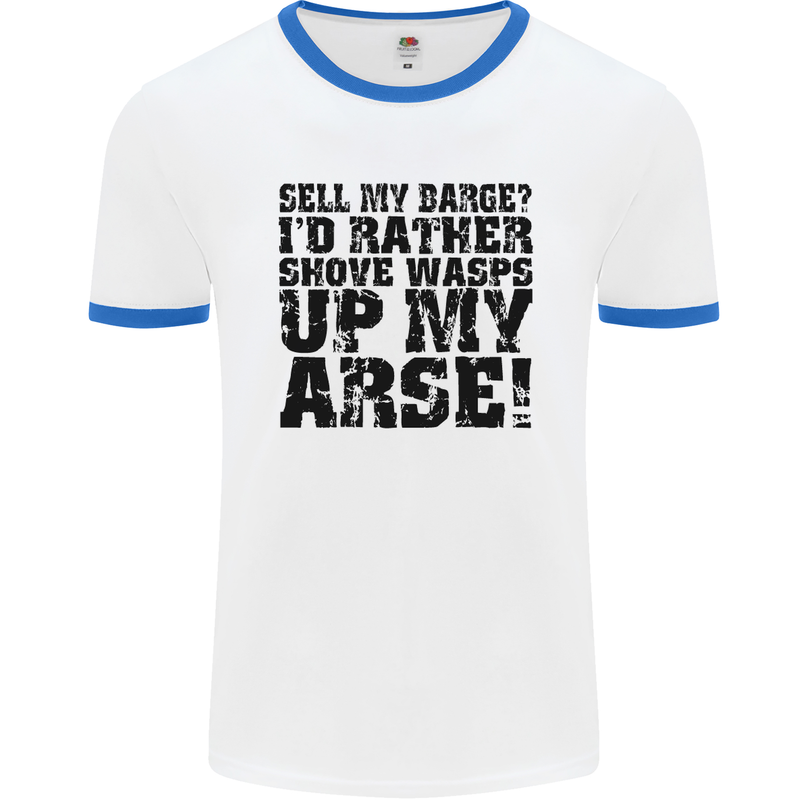 Sell My Barge? Long Narrow Boat Speedboat Mens White Ringer T-Shirt White/Royal Blue