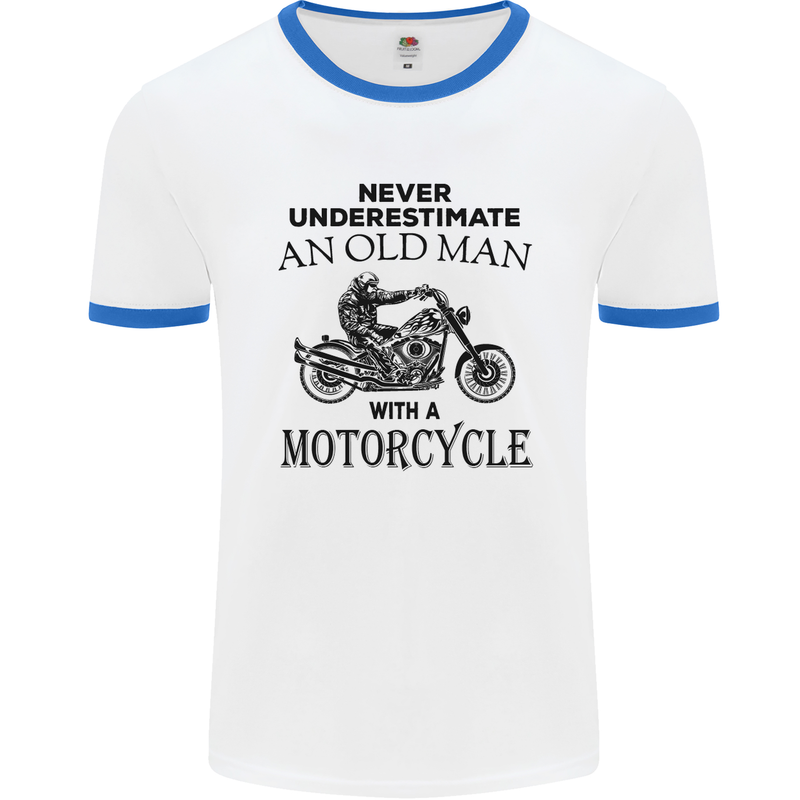 Old Man With a Motorcyle Biker Motorcycle Mens White Ringer T-Shirt White/Royal Blue