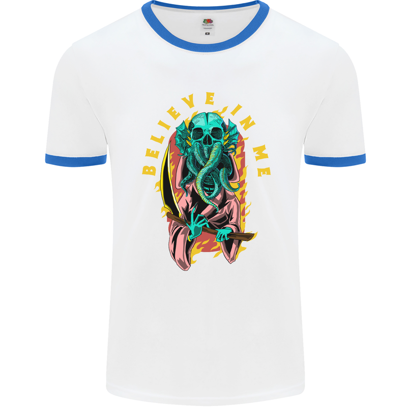 Cthulhu Believe in Me Octopus Kraken Skull Mens White Ringer T-Shirt White/Royal Blue