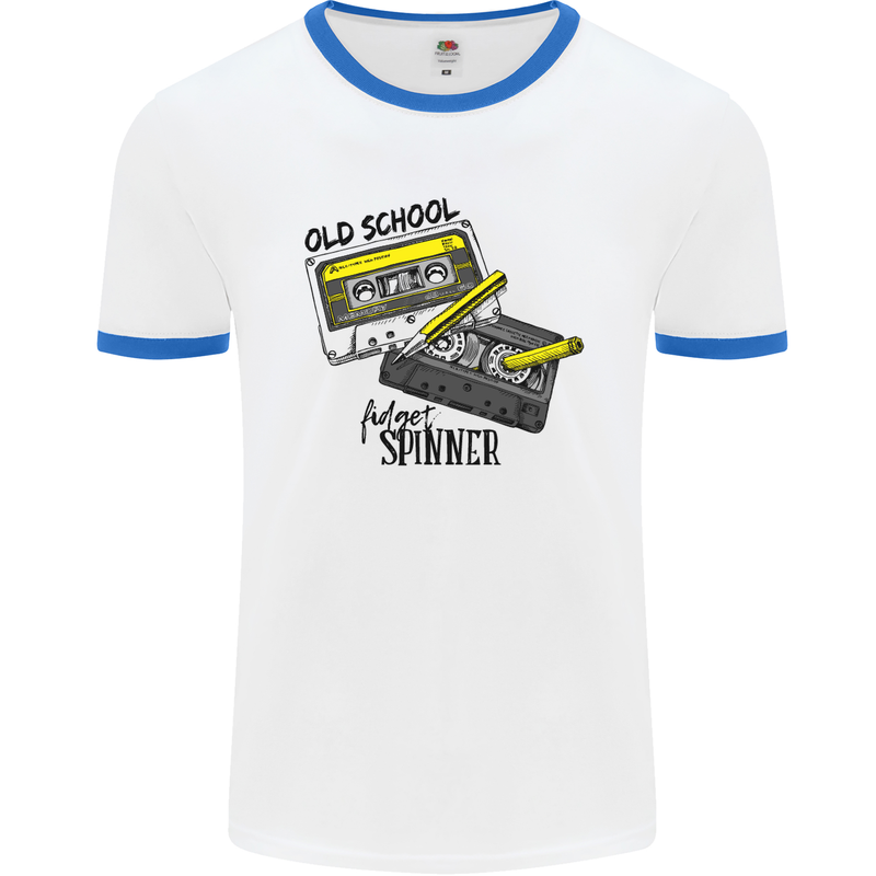 Retro 80s Music Cassette Old School Spinner Mens White Ringer T-Shirt White/Royal Blue