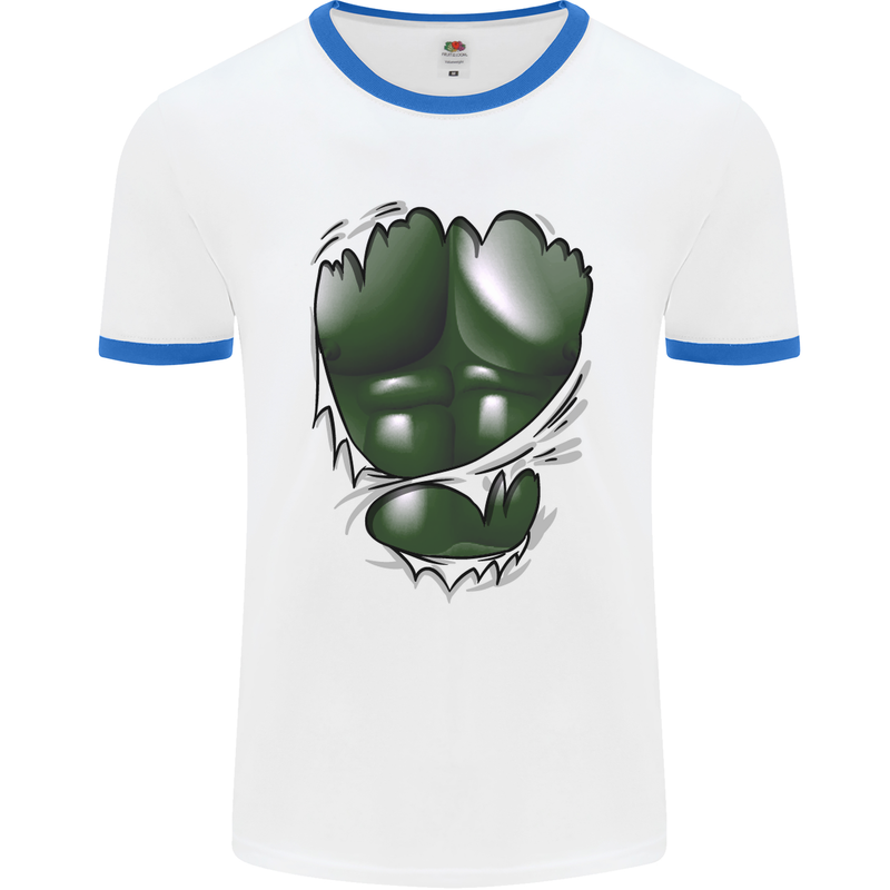 Gym Green Torso Ripped Muscles Effect Mens White Ringer T-Shirt White/Royal Blue