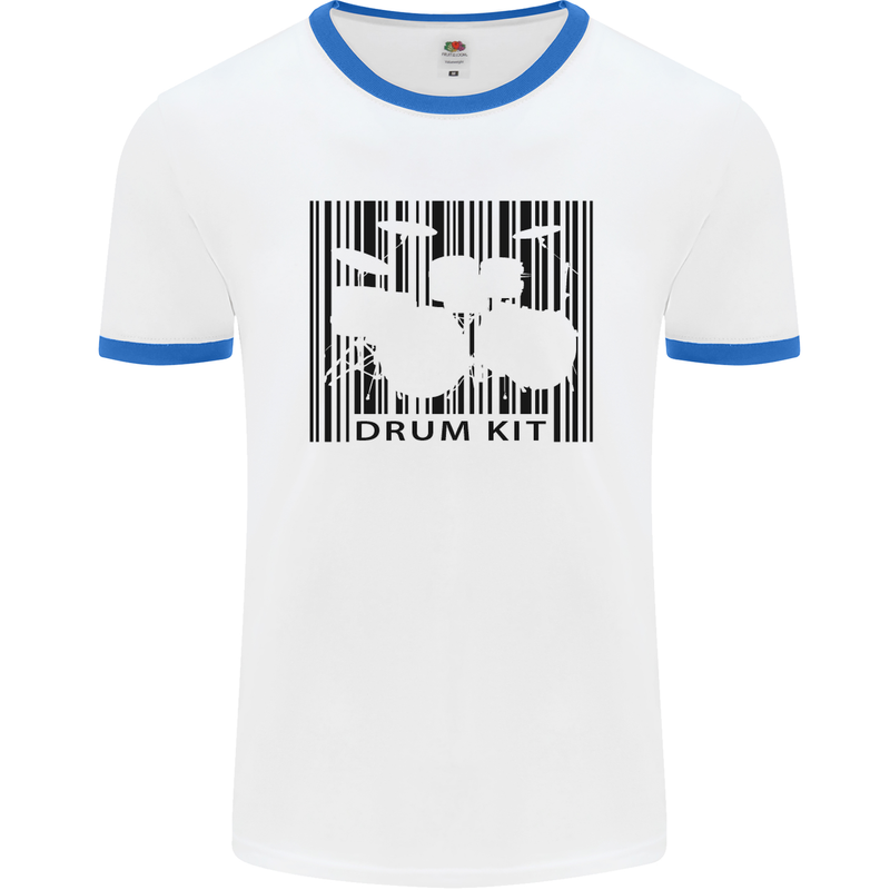 Drum Kit Barcode Drummer Drumming Mens White Ringer T-Shirt White/Royal Blue