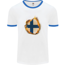 The Finnish Flag Fire Effect Finland Mens White Ringer T-Shirt White/Royal Blue