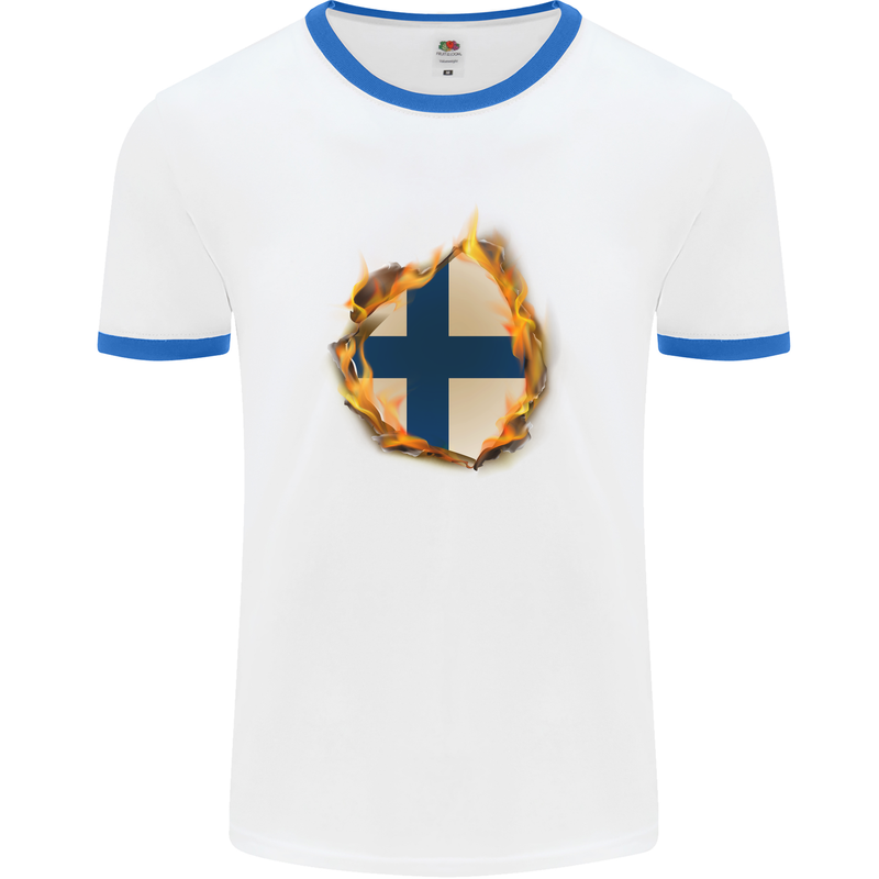 The Finnish Flag Fire Effect Finland Mens White Ringer T-Shirt White/Royal Blue