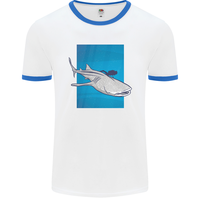 A Whale Shark and Scuba Diver Mens White Ringer T-Shirt White/Royal Blue