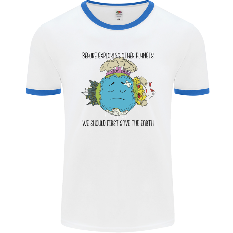 Save the Earth Climate Change Environment Mens White Ringer T-Shirt White/Royal Blue