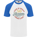 50th Birthday 50 Year Old Awesome Looks Like Mens S/S Baseball T-Shirt White/Royal Blue