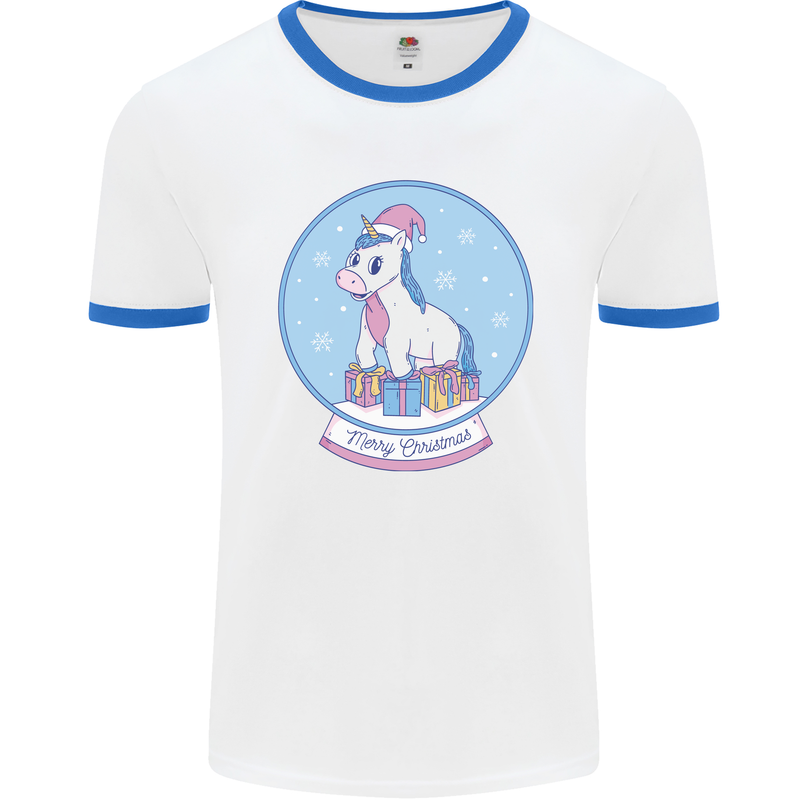 Christmas Unicorn Snow Globe Mens White Ringer T-Shirt White/Royal Blue