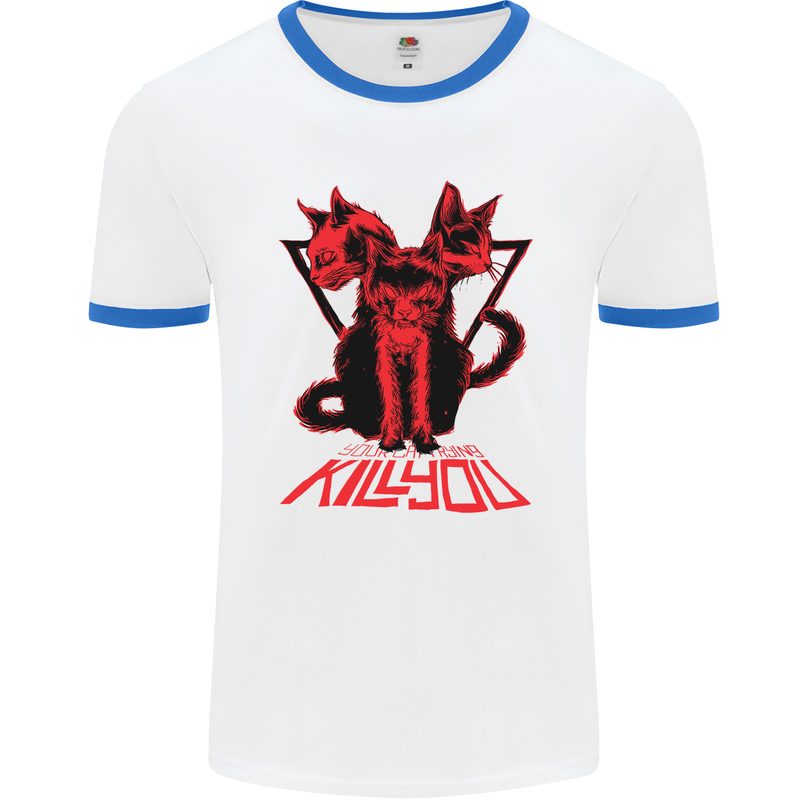 Demonic Cats Halloween Horror Witch Demons Mens White Ringer T-Shirt White/Royal Blue