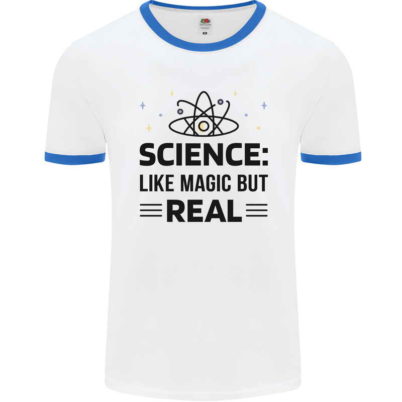 Science Like Magic But Real Funny Geek Nerd Mens White Ringer T-Shirt White/Royal Blue