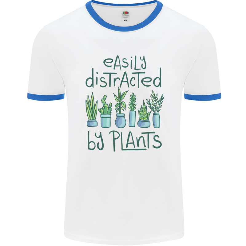 Easily Distracted by Plants Botanist Funny Mens White Ringer T-Shirt White/Royal Blue