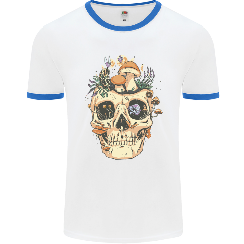 Mushroom Skull Nature Ecology Toadstool Mens White Ringer T-Shirt White/Royal Blue