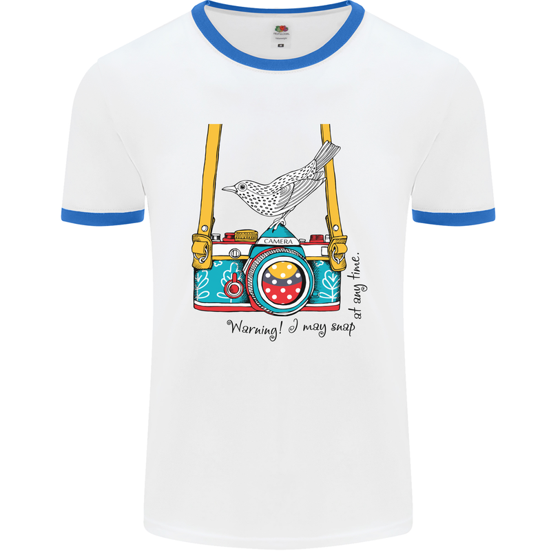 Camera With a Bird Photographer Photography Mens White Ringer T-Shirt White/Royal Blue
