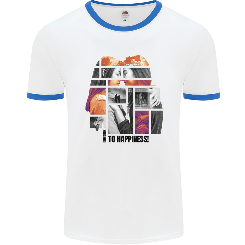 LGBT Onwards to Happiness Mens White Ringer T-Shirt White/Royal Blue