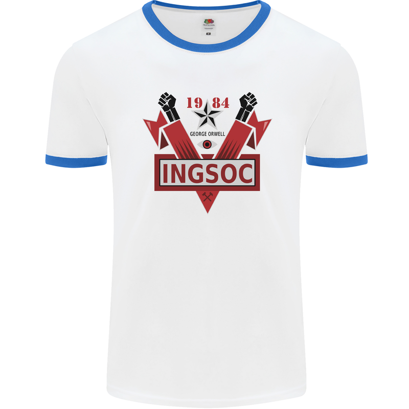 INGSOC George Orwell English Socialism 1994 Mens White Ringer T-Shirt White/Royal Blue