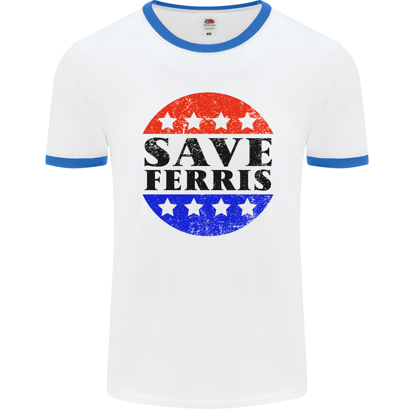 Save Ferris Distressed Mens White Ringer T-Shirt White/Royal Blue