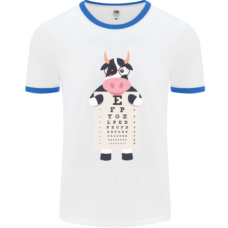 A Cow Holding a Snellen Eye Chart Glasses Mens White Ringer T-Shirt White/Royal Blue