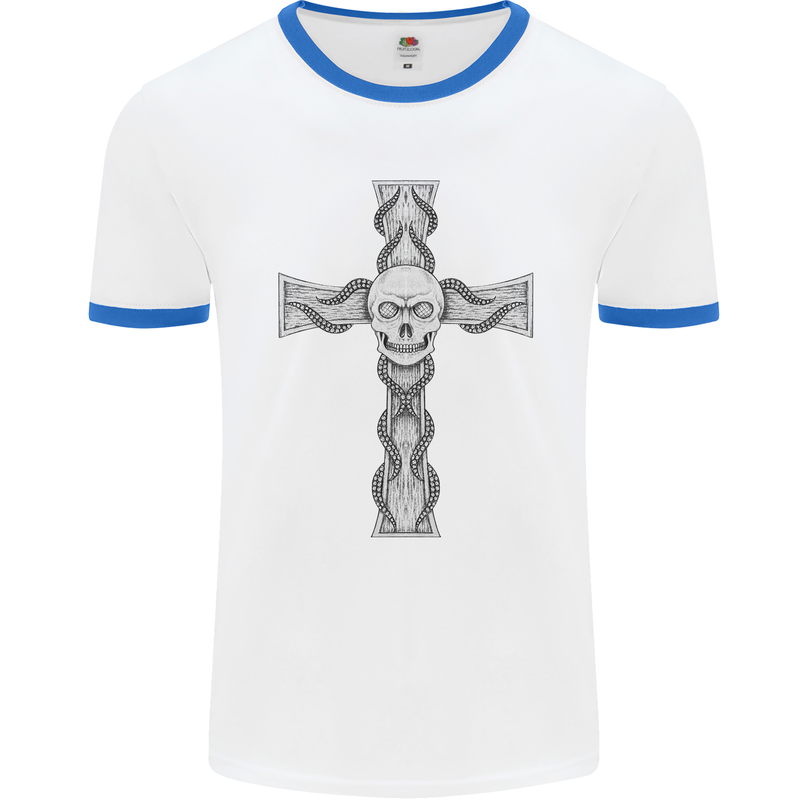 A Gothic Skull and Tentacles on a Cross Mens White Ringer T-Shirt White/Royal Blue