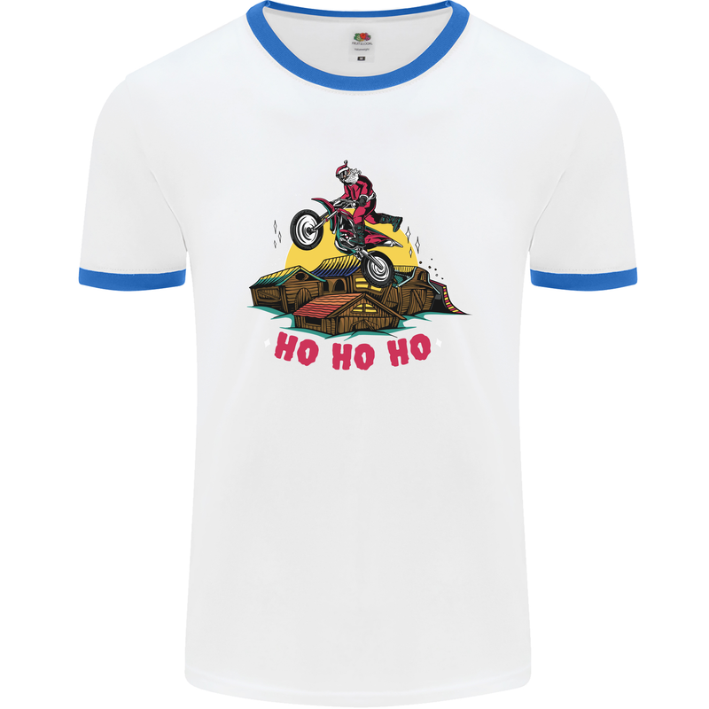 Christmas Santa Motocross Dirt Bike Mens White Ringer T-Shirt White/Royal Blue