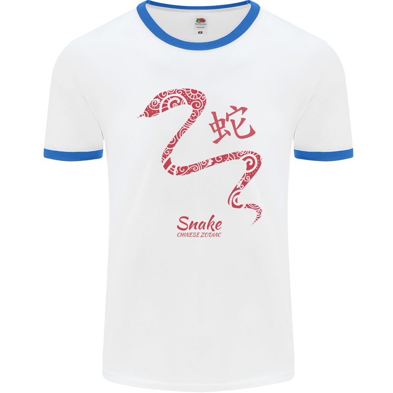 Chinese Zodiac Shengxiao Year of the Snake Mens White Ringer T-Shirt White/Royal Blue