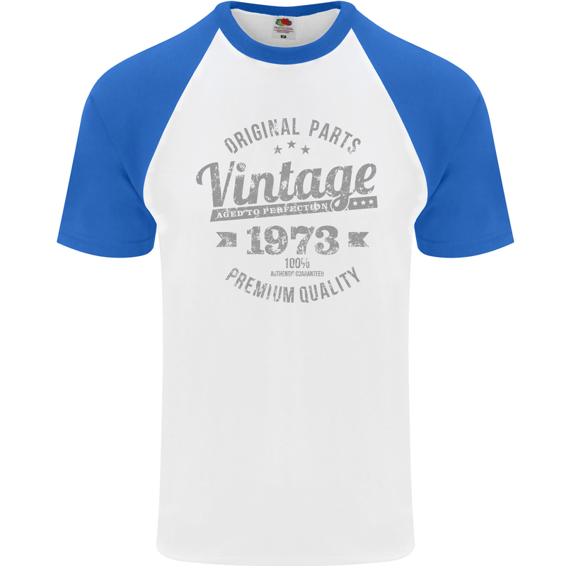 Vintage Year 50th Birthday 1973 Mens S/S Baseball T-Shirt White/Royal Blue