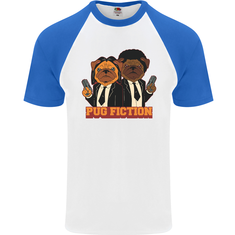 Dogs Pug Fiction Funny Movie Parody Mens S/S Baseball T-Shirt White/Royal Blue