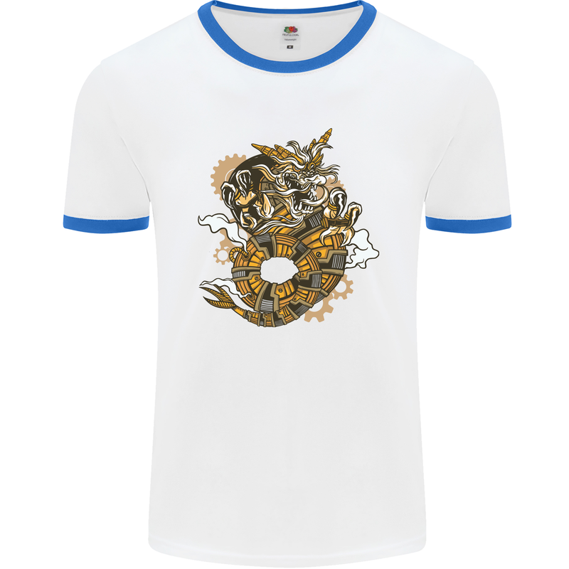 Steampunk Dragon Mens White Ringer T-Shirt White/Royal Blue