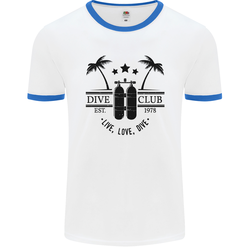 Live Love Dive Funny Scuba Diving Diver Mens White Ringer T-Shirt White/Royal Blue