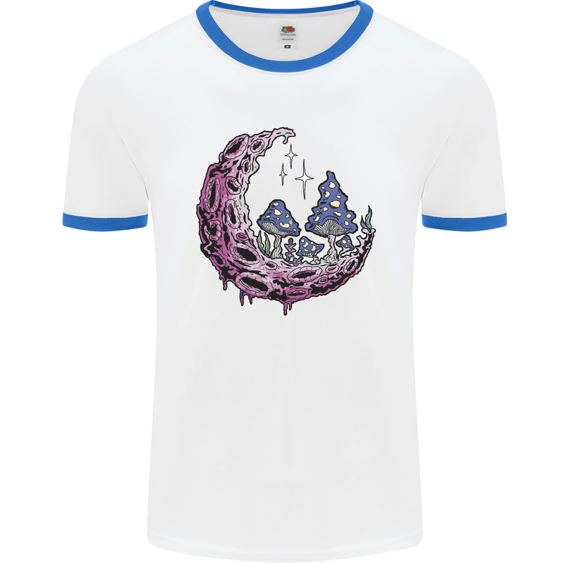 Trippy Magic Mushroom Moon LSD Psychedelic Mens Ringer T-Shirt White/Royal Blue