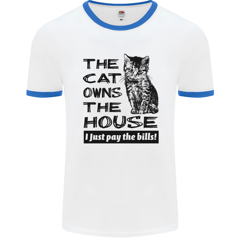 The Cat Owns the House Funny Kitten Mens White Ringer T-Shirt White/Royal Blue