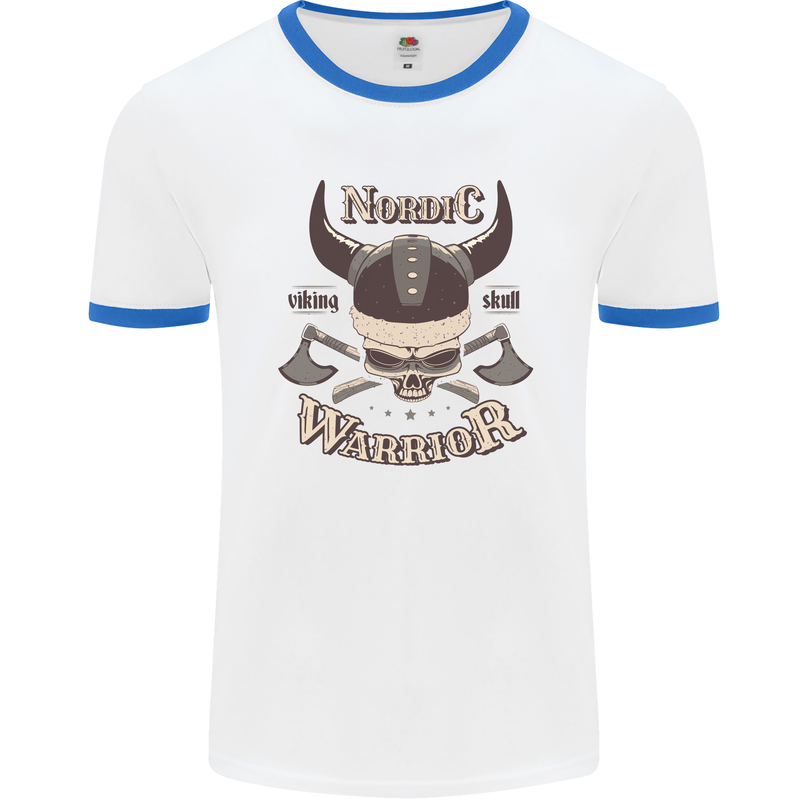 Nordic Warrior Viking Skull Mens Ringer T-Shirt White/Royal Blue