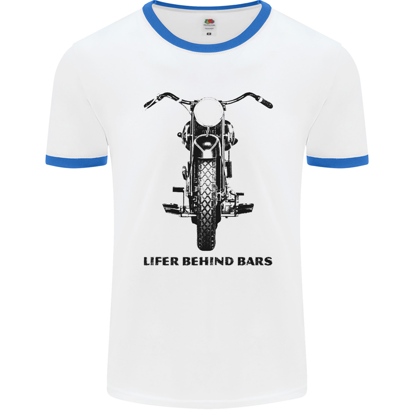 Lifer Behind Bars Motorcycle Motorbike Mens White Ringer T-Shirt White/Royal Blue