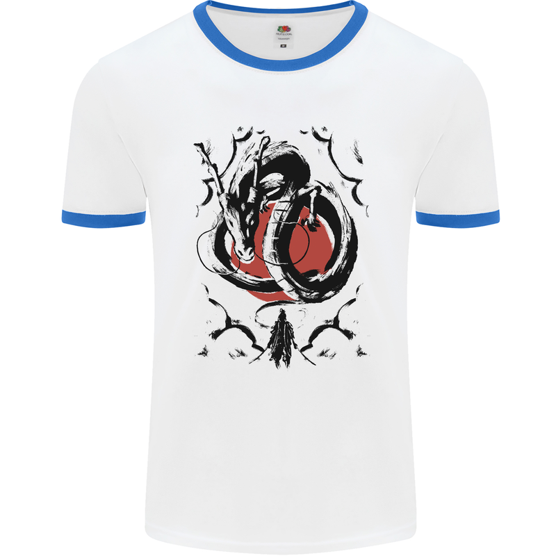 Samurai Warrior Dragon & Sun Fantasy MMA Mens Ringer T-Shirt White/Royal Blue
