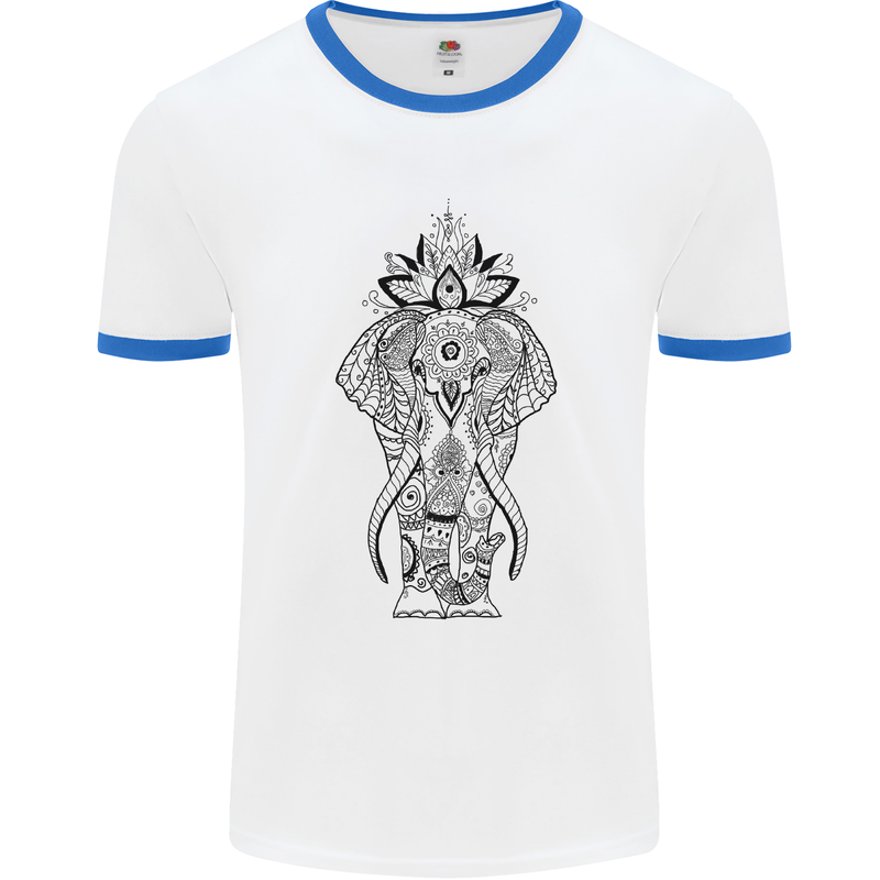 Black Mandala Art Elephant Mens White Ringer T-Shirt White/Royal Blue